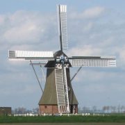 Een molen in een veld met koolzaad