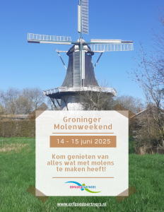 Poster van het Groninger Molenweekend, met op de achtergrond een klassieke molen.
